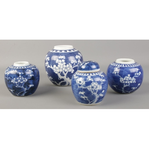 58 - Four blue and white prunus pattern ginger jars, one with cover. All with concentric circle marks to ... 