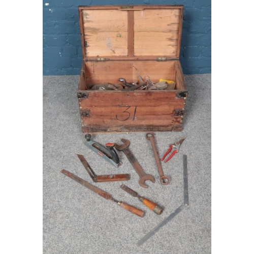 359 - A pine tool chest complete with an assortment of vintage tools, include files, spanners etc.