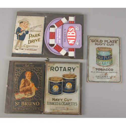 61 - Five advertising signs for Gallaher and Ogden's cigarettes/tobacco, including four metal examples.