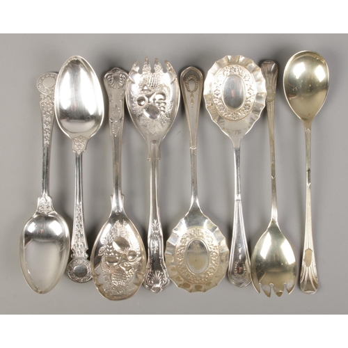 65 - Four pairs of EPNS and silver plated berry spoons and salad servers. To include Italian examples.