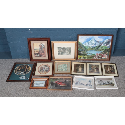 382 - A quantity of pictures including P. Astill oil on board, trio of Cries of London prints and shadow b... 