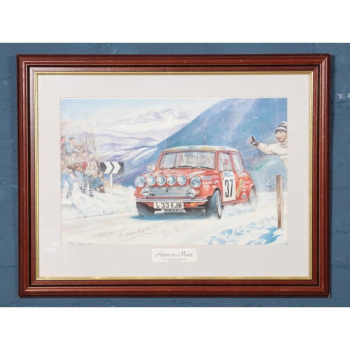 383 - Tony Gardiner, Return to Monte print signed by Ron Crellin and Paddy Hopkirk, Height: 33cm, Width: 5... 