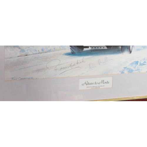 383 - Tony Gardiner, Return to Monte print signed by Ron Crellin and Paddy Hopkirk, Height: 33cm, Width: 5... 