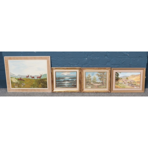 385 - Four framed oil paintings, to include landscape scene featuring deer and seascape.