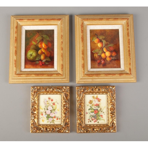 399 - Four framed miniature oil paintings, to include two depicting still life fruit and two of autumnal f... 