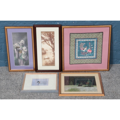 402 - A quantity of framed pictures and prints, to include silk work and vintage Chinese photographs.