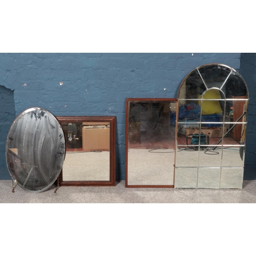 405 - Four bevel edged mirrors, including one dome topped multi panel example.