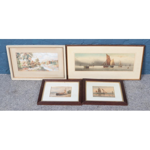 407 - Four framed watercolour paintings; including three seascapes - one title 'Off Yarmouth' by Garman Mo... 