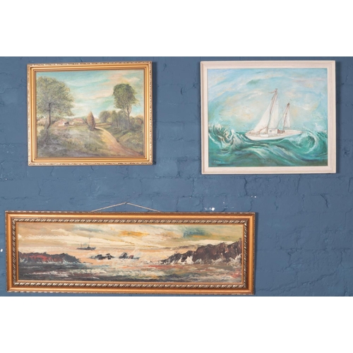 420 - Three framed oil on canvas. Including P.Wilmot seascape with boat, etc.