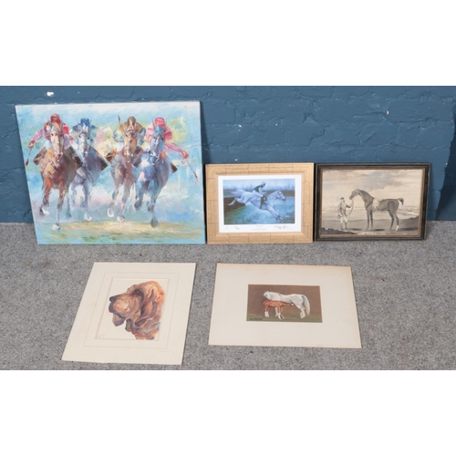 424 - A quantity of animal themed paintings including horse racing oil on canvas and Basset Hound water co... 