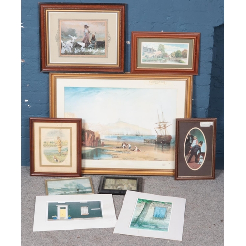 431 - A quantity of pictures. Including large framed beach scene example, etc.