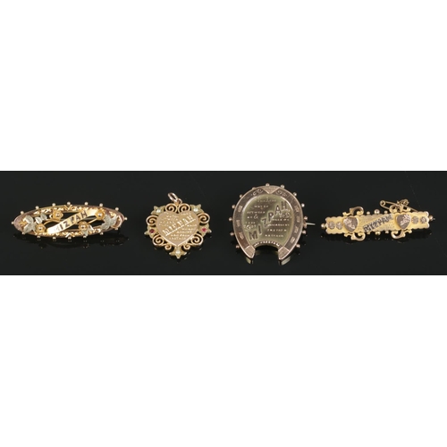 437 - Thre 9ct Gold and one yellow metal Mizpah brooches. Total weight: 16.33g