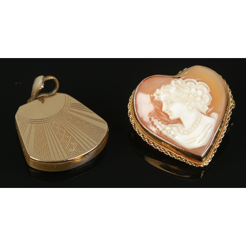 445 - A 9ct Gold heart-shaped cameo brooch, together with a 9ct Gold front and back locket. Total weight: ... 