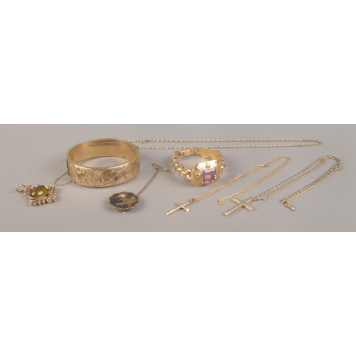 453 - A collection of Gold Plated items to include rolled gold bangle, 9ct Gold crucifix on chain and an O... 