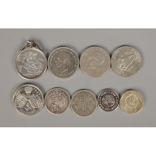 470 - A quantity of coins to including Victorian silver crown in silver mount and George VI five shilling ... 