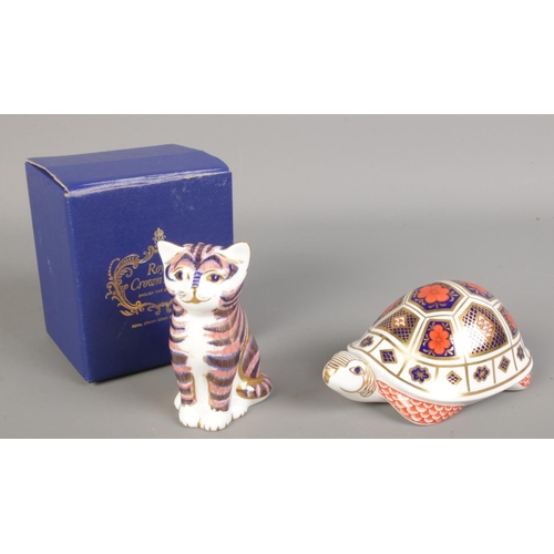 531 - Two Royal Crown Derby paperweights. One formed as a cat and the other a turtle.