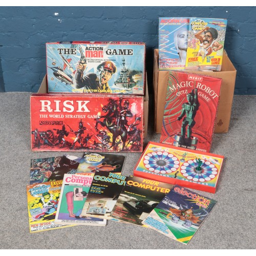 289 - A collection of vintage board games and computer magazines. To include Risk and The Magic Robot.