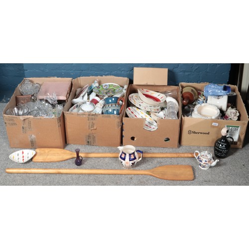 303 - Four boxes of miscellaneous. Including breweriana, cut glassware, rowing oars,  cabinet plates, cant... 