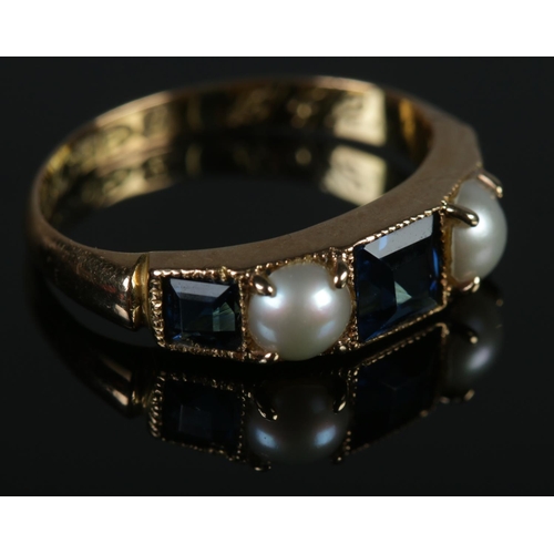 349 - An 18ct blue paste & pearl five stone ring. Chester 1911. Size J. 2.42g.