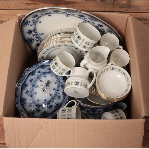 194 - A large box of dinnerwares. Includes Royal Doulton Tapestry and Burslem blue and white.