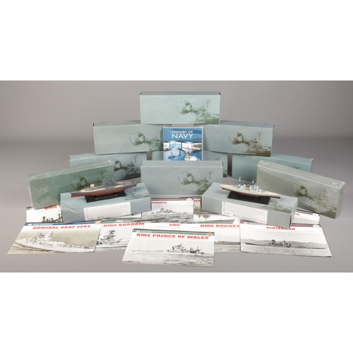 205 - A box of eleven Atlas Editions model war ships, with relating paperwork.