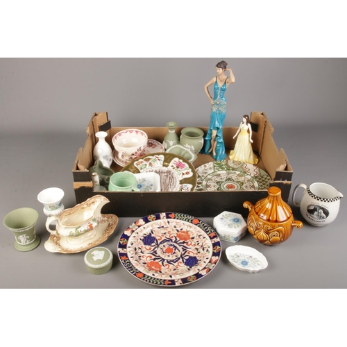 249 - A box of ceramics. Including Wedgwood jasperware, Mason's cabinet plates, Royal Doulton Gemstone col... 