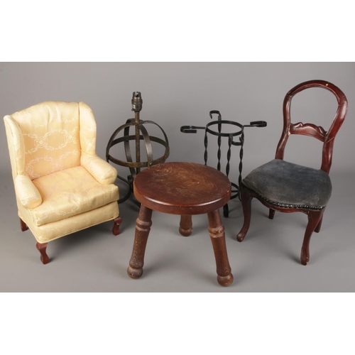 250 - Two dolls chairs along with a three legged stool and a metal table lamp.