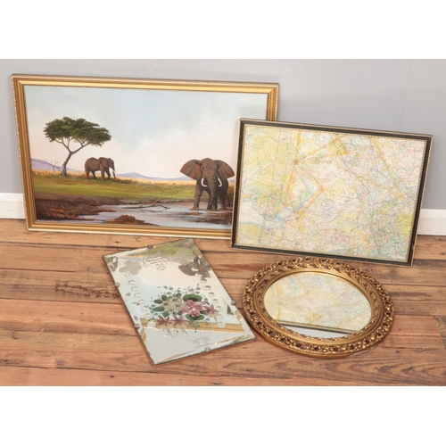 304 - Robert Parry oil on canvas of elephants along with two mirrors and framed a map.