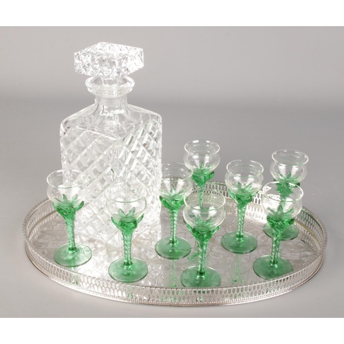 70 - A silver plated gallery tray with cut glass decanter and art glass drinking glasses.