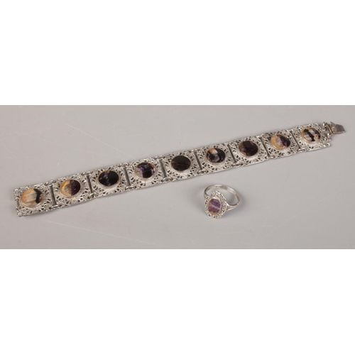 327 - A silver and Blue John panel bracelet along with a silver and Blue John dress ring.