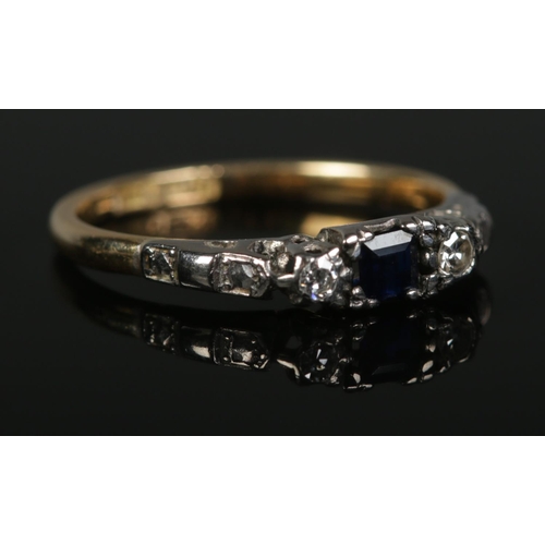 363 - An 18ct Gold and Platinum Art Deco sapphire and diamond ring, with single cut diamond and caliber cu... 