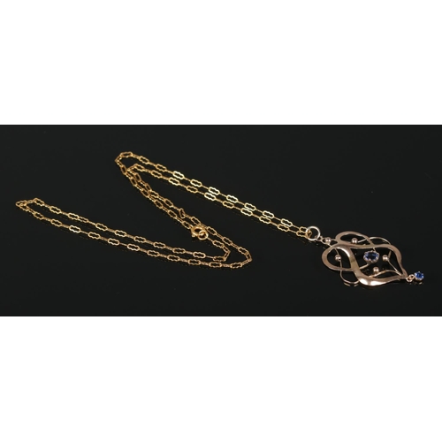 375 - A 9ct Gold nouveau pendant, set with central and droplet blue stones, on 9ct Gold chain. Total weigh... 