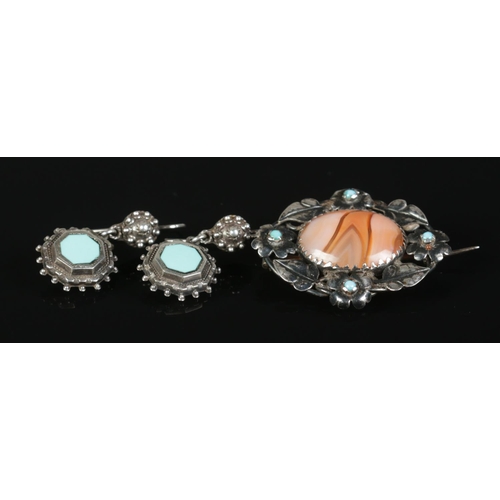 381 - A pair of silver and turquoise earrings, together with silver, turquoise and polished stone brooch w... 