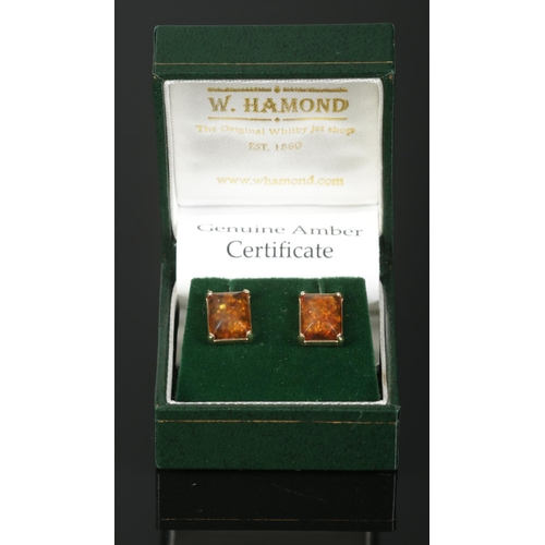 385 - A pair of 9ct Gold and amber ear studs, with NODA certificate. Total weight: 2.73g