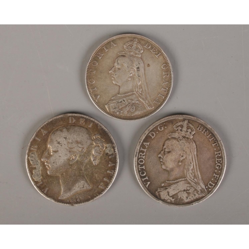 387 - Two Victorian crowns and a double florin. 1844 and 1889 crowns and 1887 double florin.