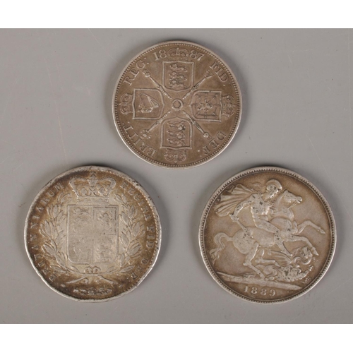 387 - Two Victorian crowns and a double florin. 1844 and 1889 crowns and 1887 double florin.