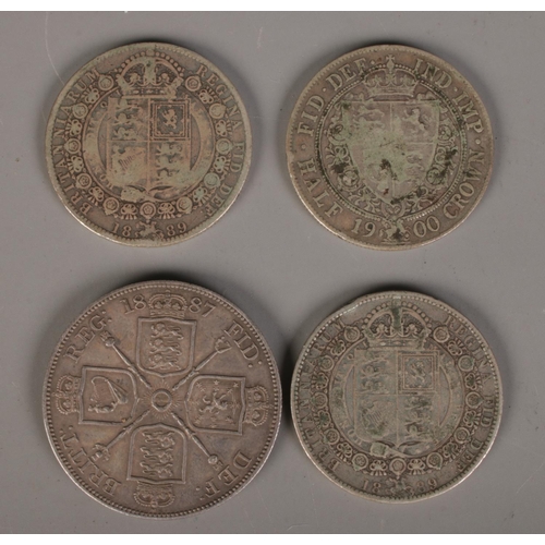 408 - Four Victorian silver coins. Including double florin and three half crowns. 63.92g.