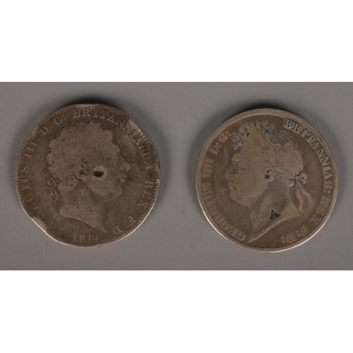 410 - Two silver crowns. Includes George III 1819 and George IIII 1821. 54.55g.