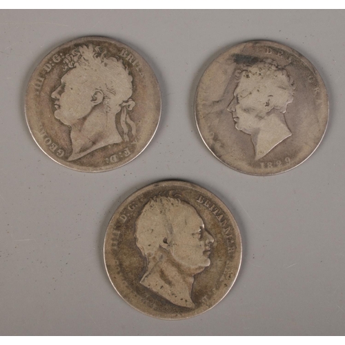 411 - Three silver half crowns. Includes William IIII 1834 and two George IIII examples 1821 & 1829. 39.27... 