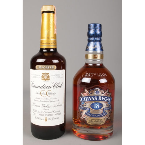 87 - Two bottles of sealed whisky. Includes Canadian Club (aged six years) and Chivas Regal Gold Signatur... 