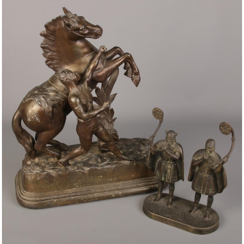 95 - A spelter Marley horse figure group along with a bronzed figure group marked Edw AAgaard, Copenhagen... 