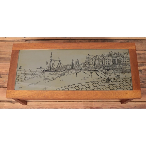 480 - A glass topped teak coffee table, with painted glass panel depicting a harbour scene. Height: 44cm, ... 