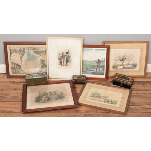 177 - A quantity of military and hunting themed framed prints. Also three tin cash boxes, one with key.