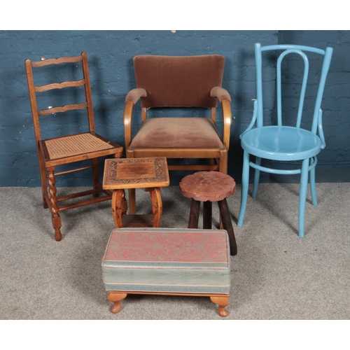 459 - A quantity of chairs and stools. Including painted bentwood, bergère seat example, etc.