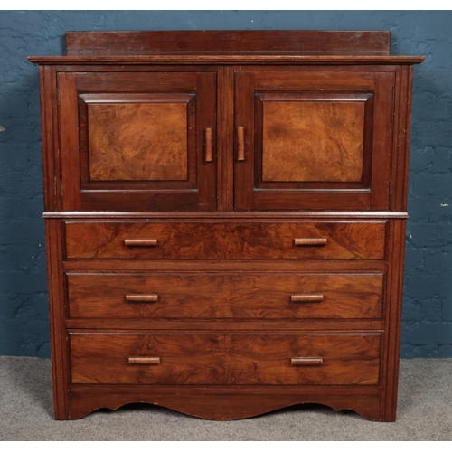 466 - A walnut and mahogany side cabinet, with three drawer base. Height: 113cm Width: 106cm Depth: 50cm