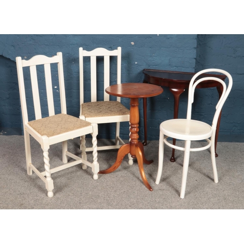 474 - Assorted furniture. Includes bentwood chair, pair of painted chairs, demi lune side table and a circ... 