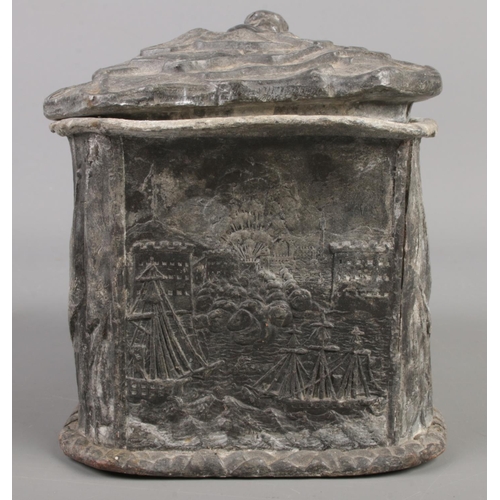 8 - A Victorian lead box and cover with decoration depicting scenes from the Crimean War. Stamped Stock ... 