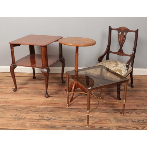 500 - A collection of assorted furniture. Includes wine table, Edwardian chair, two tier table and a brass... 