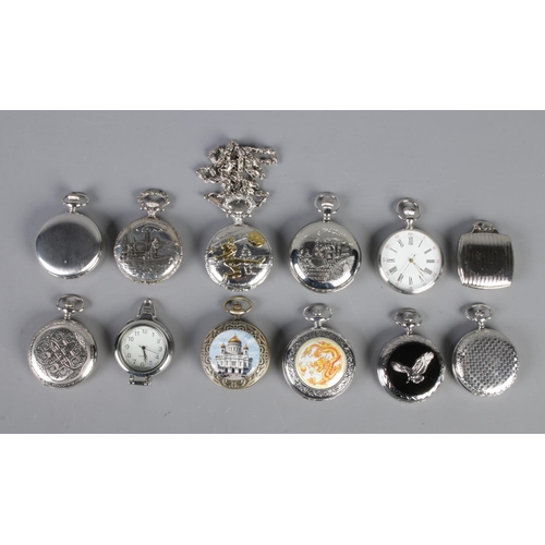 19 - Twelve quartz pocket watches. Including picture front, white metal examples, etc.