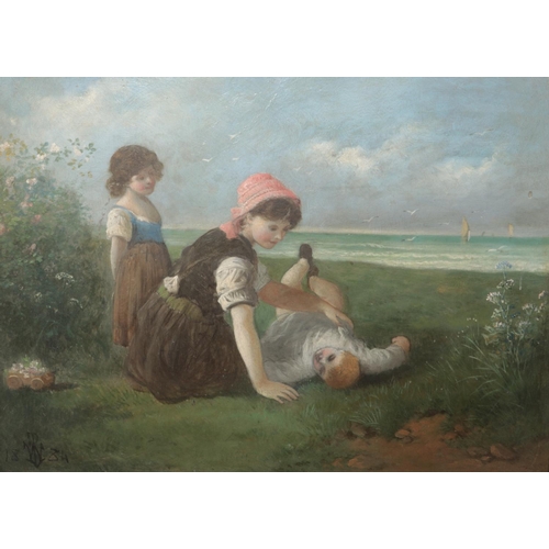 303 - A 19th century gilt framed oil on board depicting three children playing in the grass by a beach. Si... 